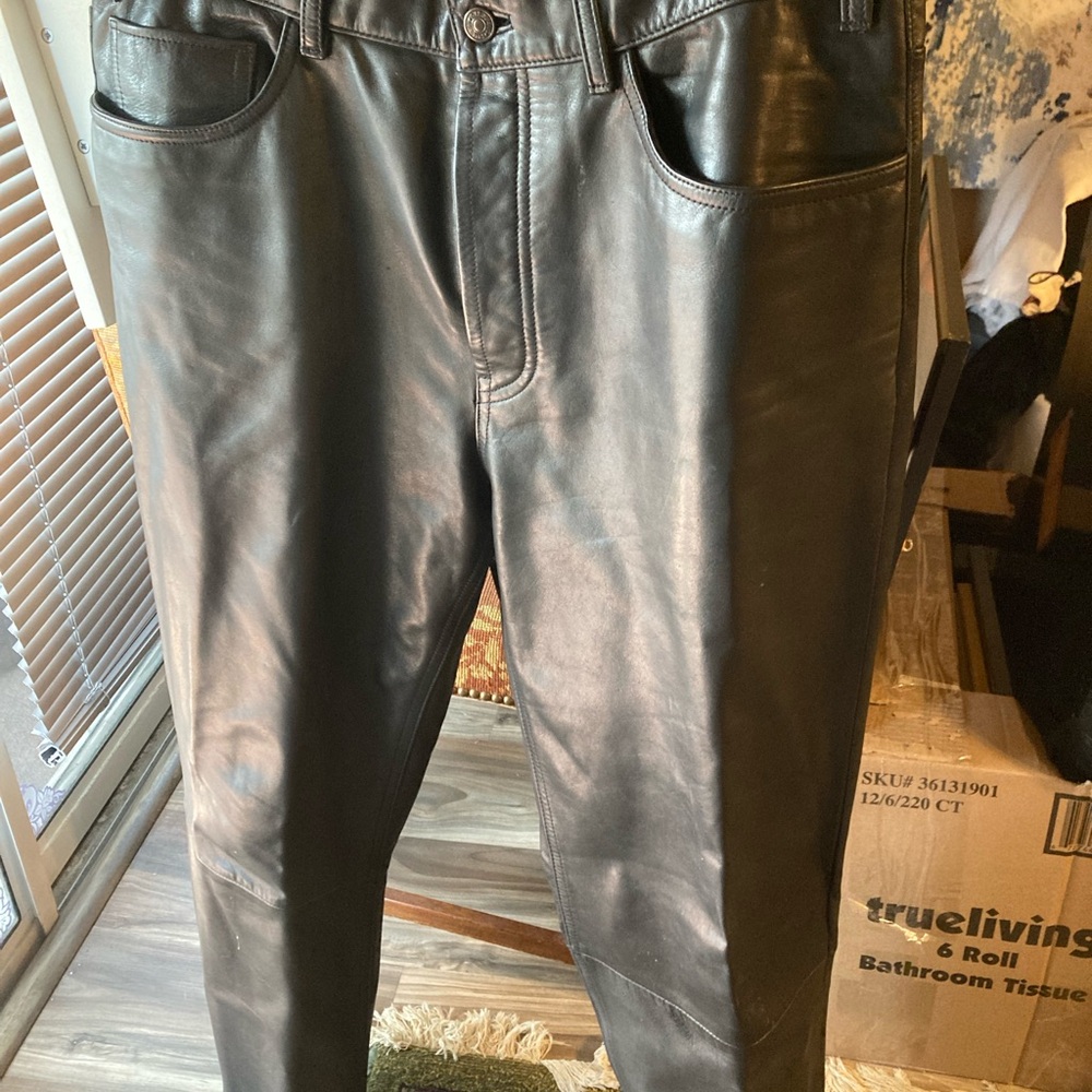 Men's Classic Black Leather pants with Button Fly size 36/32